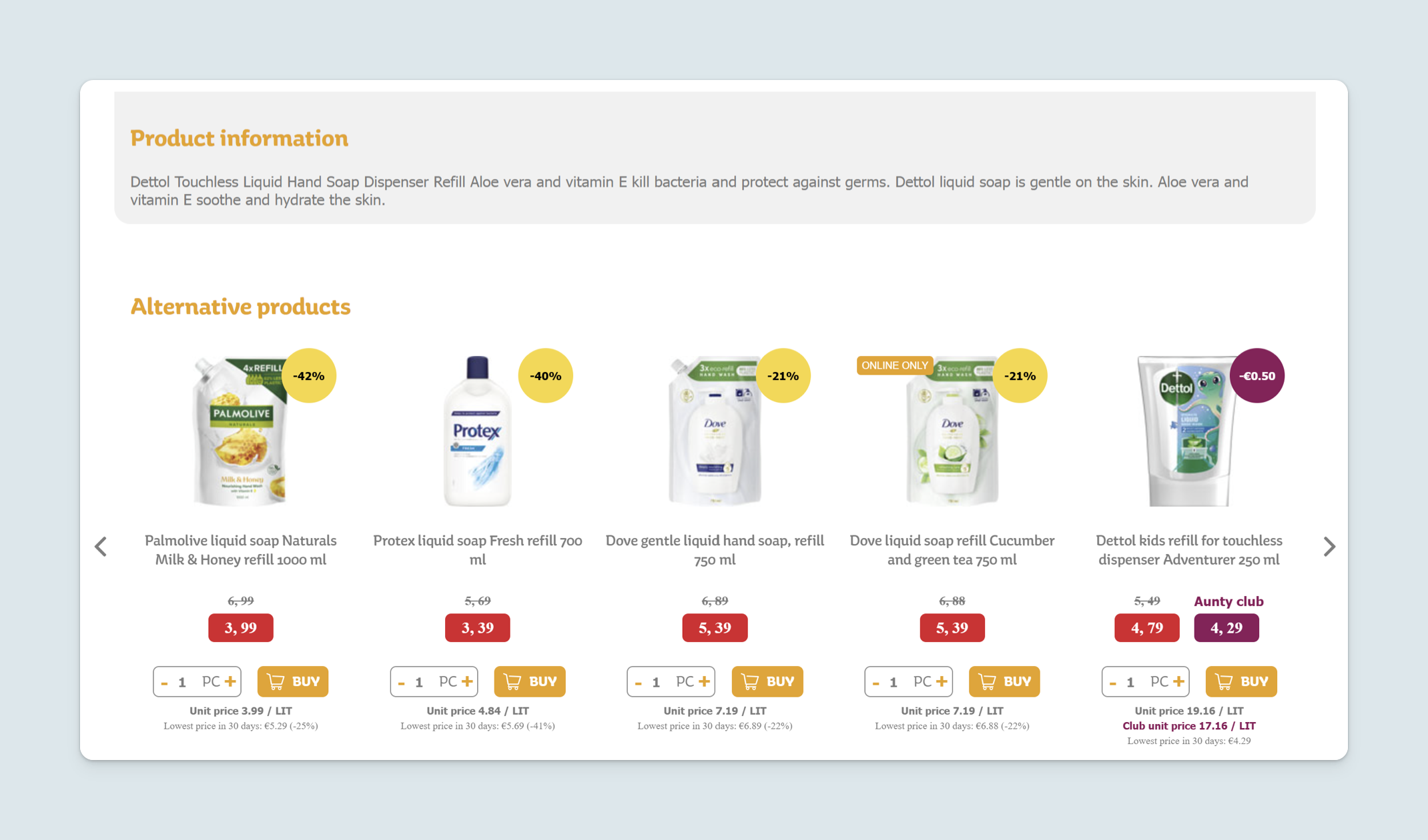 Personalized recommendations for alternative products with multiple prices.