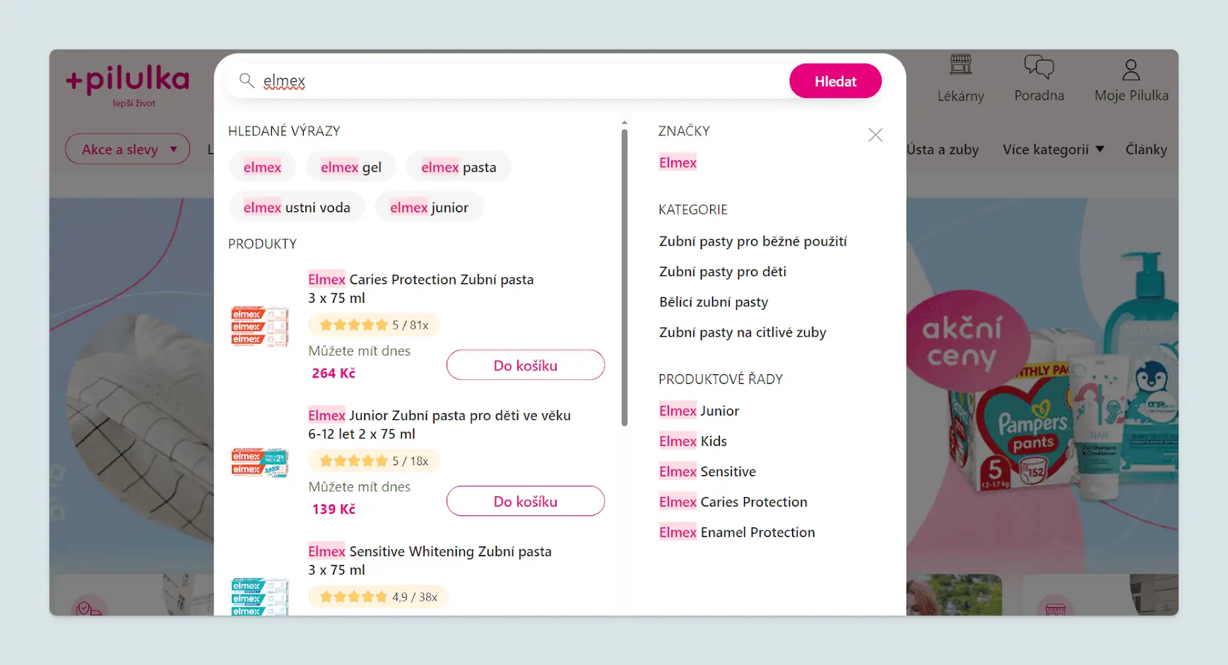 Search with Autocomplete powered by Luigi's Box on pilulka website's e-shop.