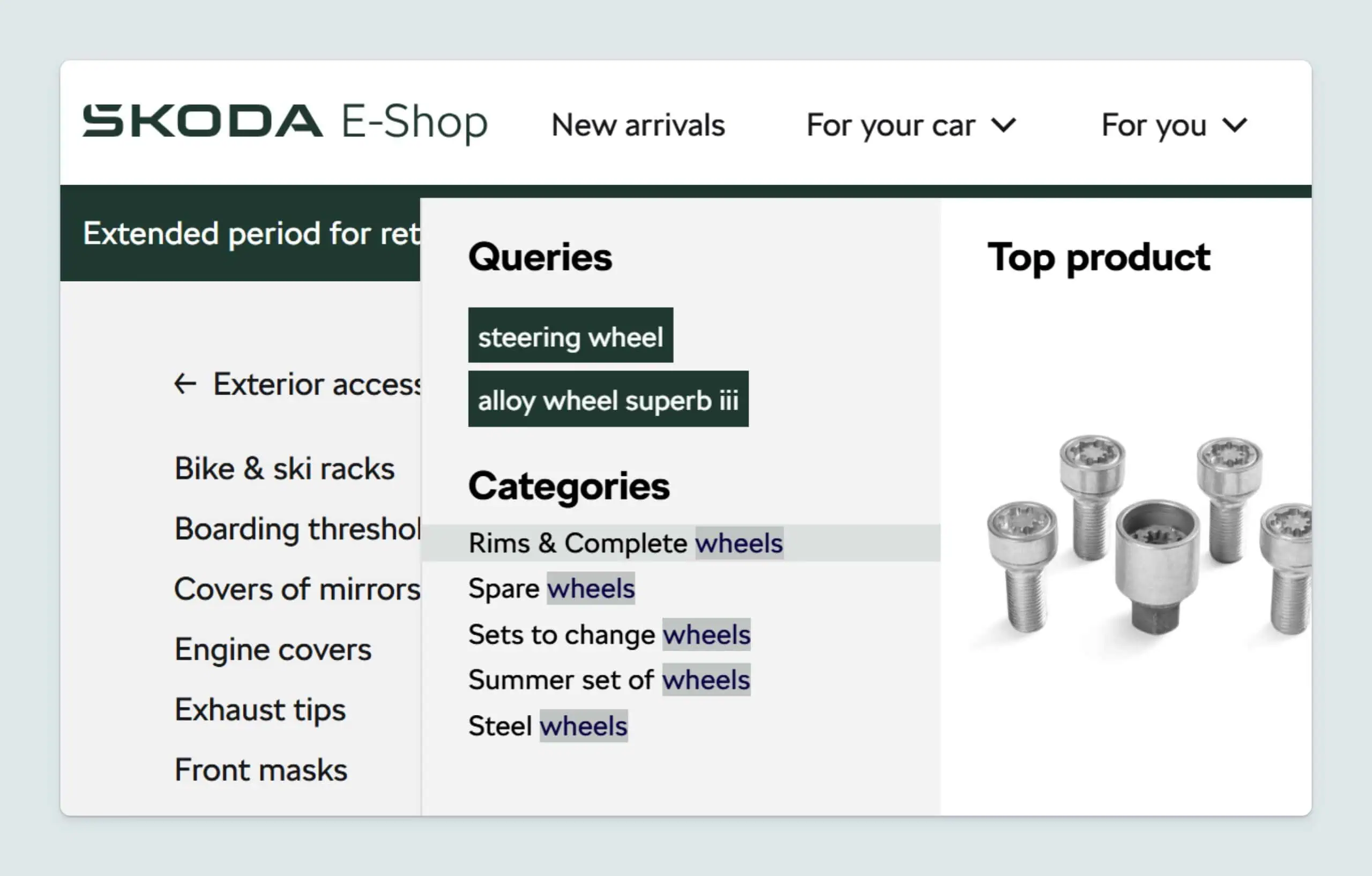 Easy search within product categories improves the experience.